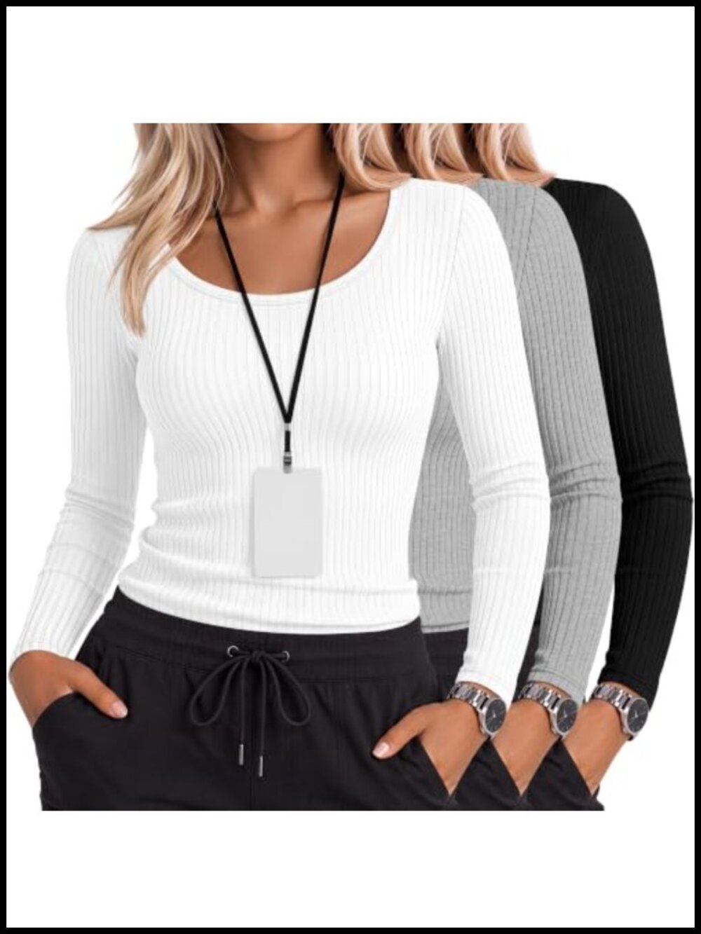 Women's Long Sleeve Ribbed Underscrub Shirts 3 Pack Slim Fit U Neck